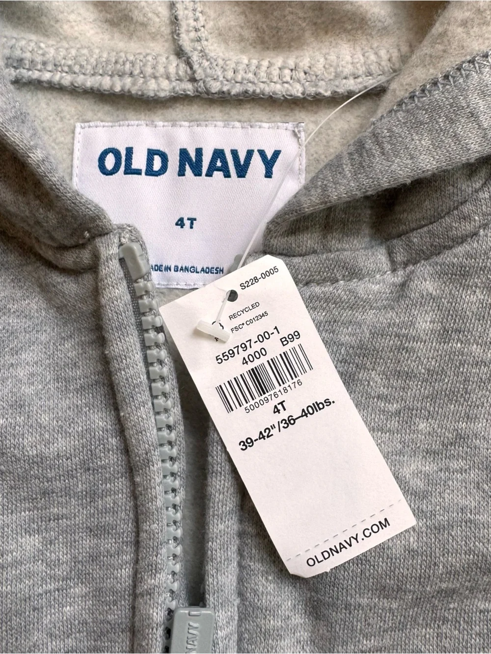 Old Navy Light Gray Toddler Zip-Up Hoodie Sz 4T boys girls NWT